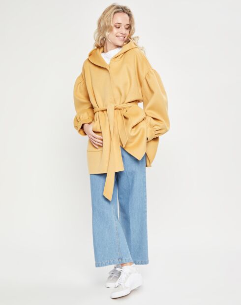 Manteau 3/4 léger 100% Laine à capuche ocre