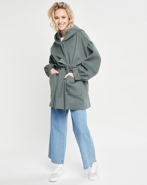 Manteau 3/4 léger 100% Laine à capuche kaki