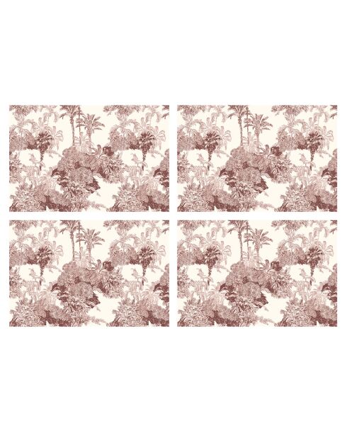 4 rechthoekige placemats met rode palmboomprint - 30x45 cm