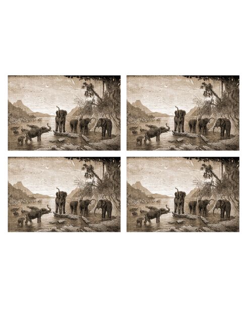 4 rechthoekige placemats sepia olifantenfamilie - 30x45 cm