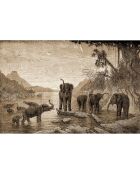 4 rechthoekige placemats sepia olifantenfamilie - 30x45 cm