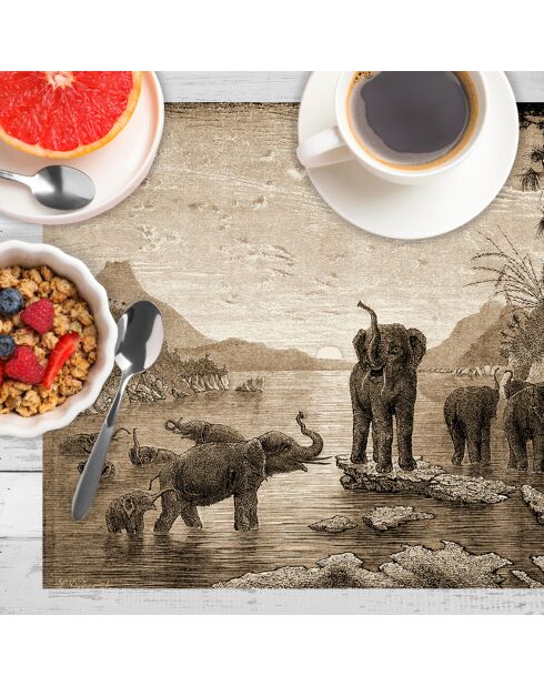 4 rechthoekige placemats sepia olifantenfamilie - 30x45 cm