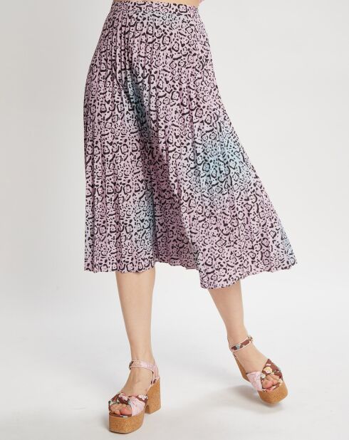 Jupe midi plissée panthère  bleu/rose