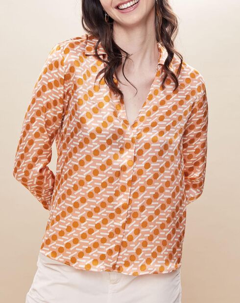 Chemise 100% Soie imprimée Cila rose/ocre
