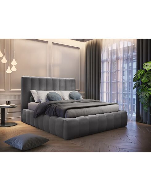 Lit Coffre en Velours avec Tête de Lit Gina gris - 200x200 cm