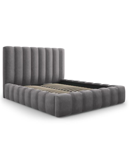 Lit Coffre en Velours avec Tête de Lit Gina gris - 200x200 cm