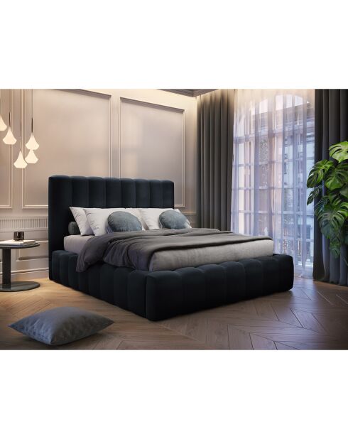 Lit Coffre en Velours avec Tête de Lit Gina bleu foncé - 200x200 cm