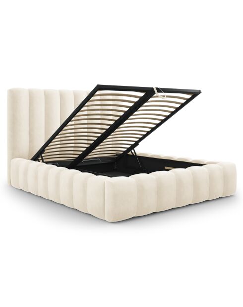 Lit Coffre en Velours avec Tête de Lit Gina beige clair - 200x200 cm
