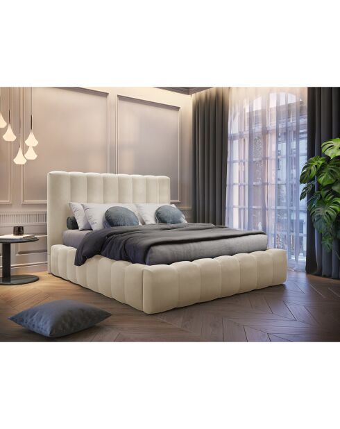 Lit Coffre en Velours avec Tête de Lit Gina beige clair - 180x200 cm