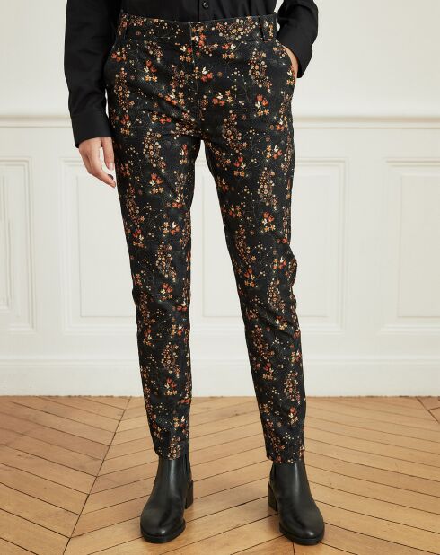 Pantalon en Velours Pétale à petites fleurs noir