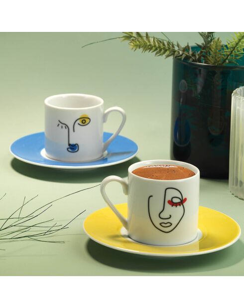 2 Tasses avec soucoupes en Porcelaine multicolores - 90 cl