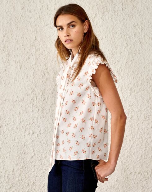 Blouse chemise à col lavallière Antoine à fleurs imprimée blanche