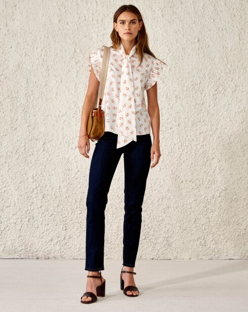 Blouse chemise à col lavallière Antoine à fleurs imprimée blanche