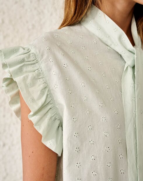 Blouse chemise à col lavallière Antoine broderies anglaises vert clair