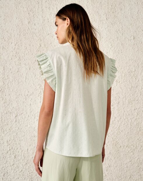Blouse chemise à col lavallière Antoine broderies anglaises vert clair