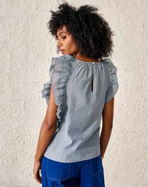 Top en Coton léger Agathe à volants rayé bleu