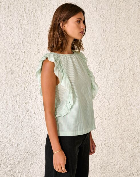 Leichtes Baumwolltop Agathe mit hellgrünen gestreiften Rüschen