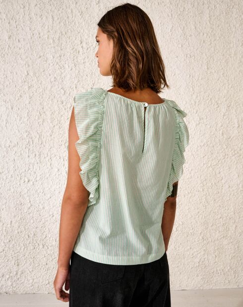 Leichtes Baumwolltop Agathe mit hellgrünen gestreiften Rüschen