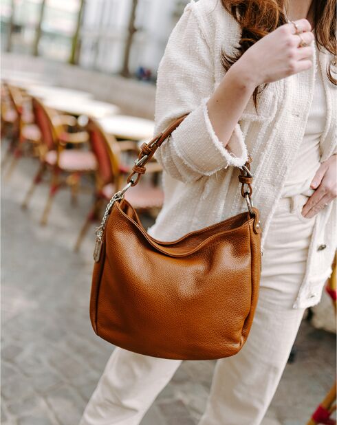 Bandolera Fiorella de piel coñac - 30x27x9 cm