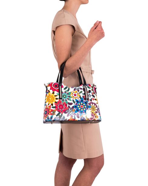 Borsa a mano in pelle di cicile bianca/multicolore - 28x22x8 cm