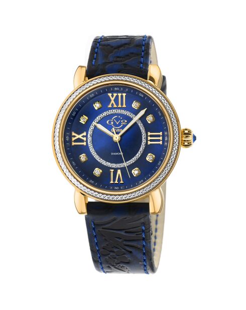 Montre Marsala Femme Quartz en Cuir & Diamants 0.4 ct bleue