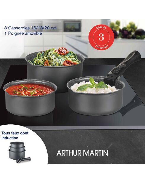 3 Casseroles induction amovibles gris mat - D.16/18/20 cm