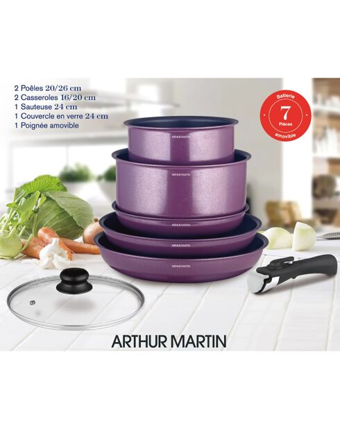 Batterie de cuisine induction amovible prune - 7 pièces