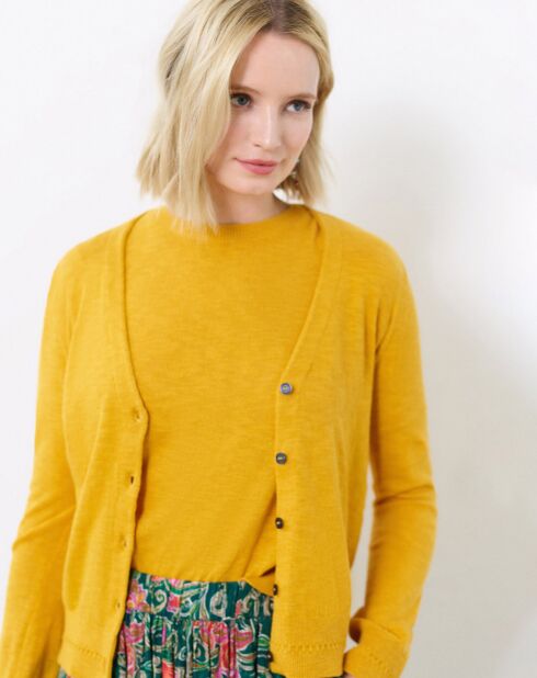 Cardigan fin en Coton & Lin Blondine safran
