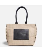 Sac cabas en Cuir & Jute Ninon noir - 30x40x13 cm