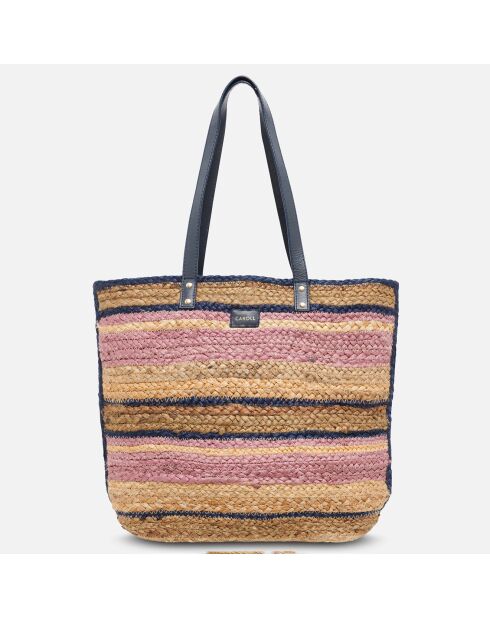 Sac cabas en Paille & Cuir lavande + Pochette Bohème rose - 37x48x17 cm