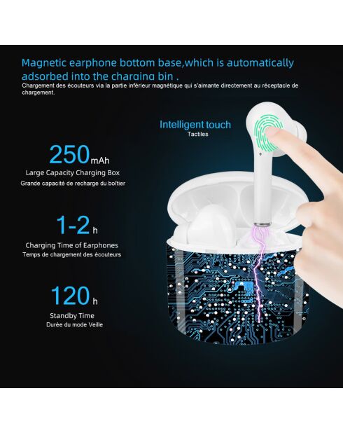 Écouteurs Tactiles Bluetooth V5.0+Er Et Micro Integré blancs