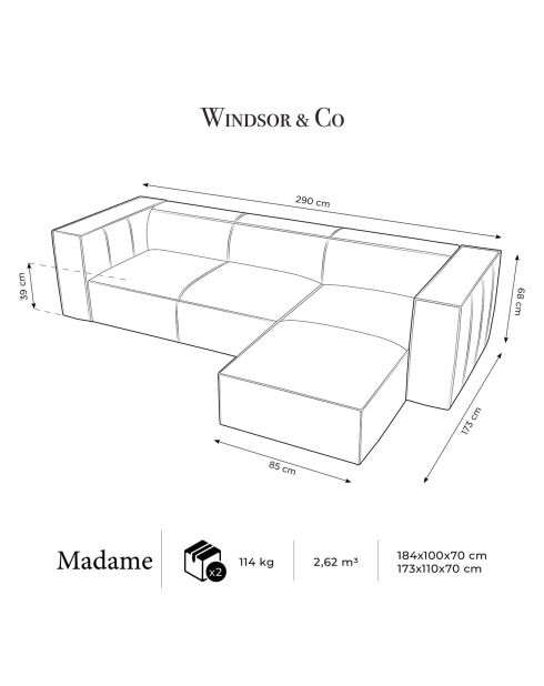 Madame 5-Sitzer-Ecksofa aus echtem Leder, für rechts, 290 x 173 x 68 cm, braun