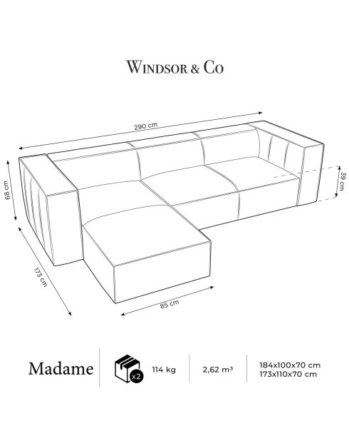 Divano angolare sinistro in vera pelle Madame 5 posti marrone - 290x173x68 cm