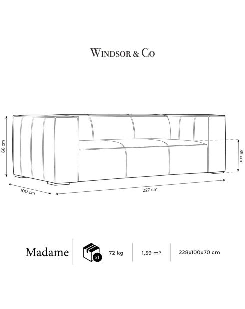 Canapé Madame 3 Places gris - 227x100x68 cm