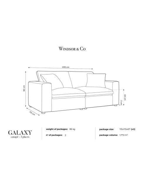 Canapé Modulaire Velours Galaxy 3 Places beige - 226x113x90 cm