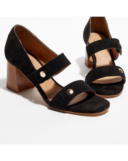 Leila schwarze Ledersandalen aus Samt, Absatz 7 cm