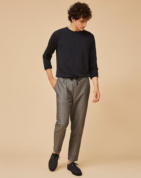 Pantalon Semi-Slim en Coton & Lin Bonifacio à rayures nuage
