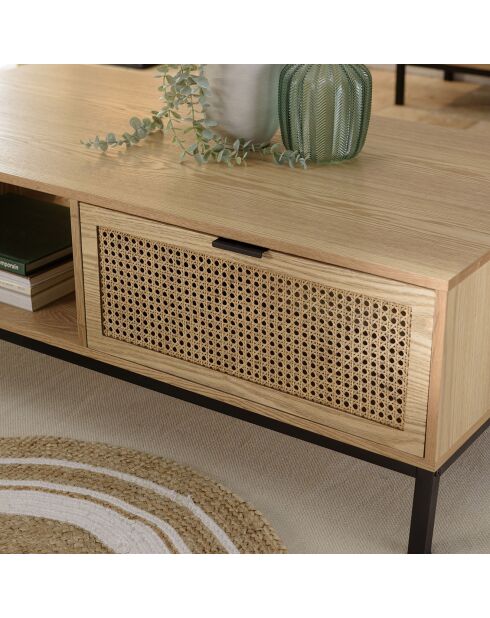 Table basse 1 niche 2 tiroirs rotin Marceau - 120x60x42 cm