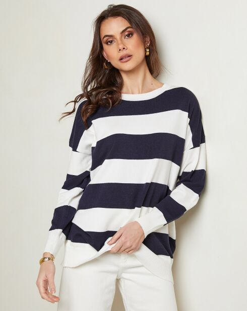 Pull en Maille mélangée Marine blanc/marine