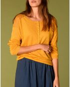 Pull 100% Lin Vivian motifs ajourés jaune doré