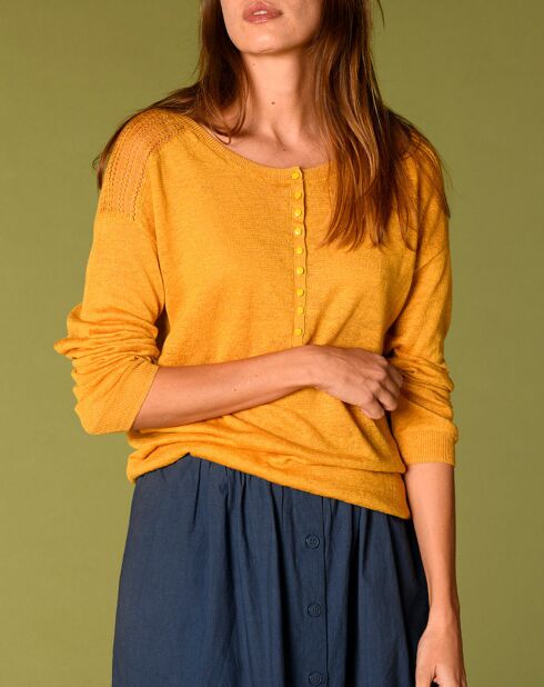 Pull 100% Lin Vivian motifs ajourés jaune doré