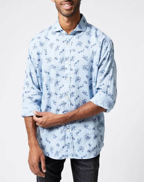 Chemise 100% Lin Broadway Fleurs bleu clair
