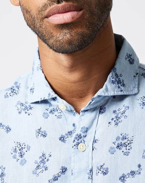 Chemise 100% Lin Broadway Fleurs bleu clair