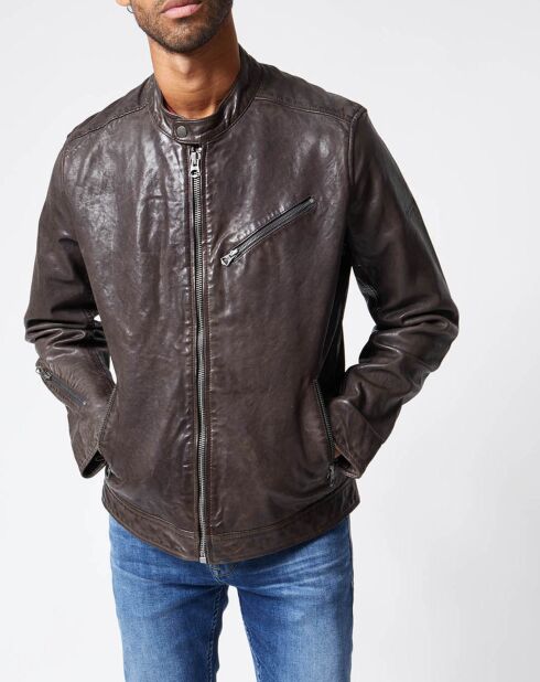 Blouson en Cuir Motard  gris foncé