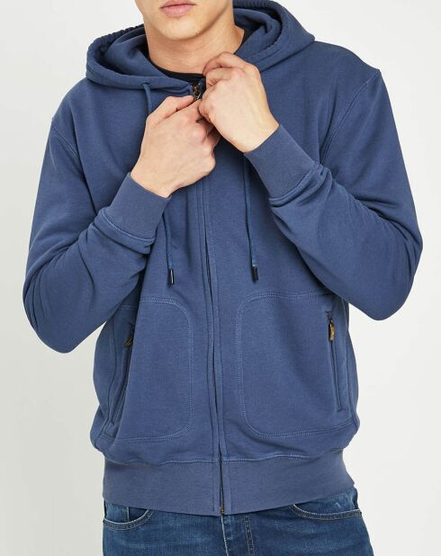 Sweat zippé à capuche bleu denim