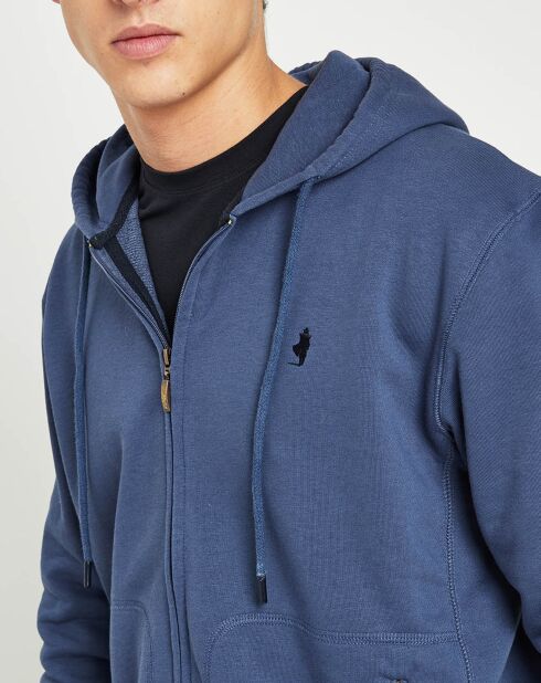 Sweat zippé à capuche bleu denim