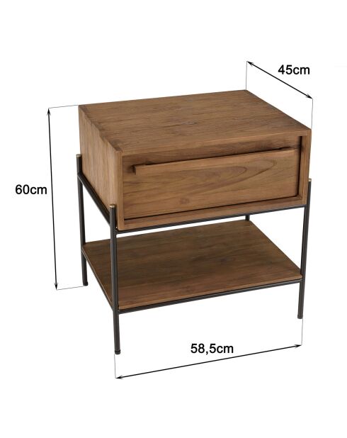 Table de chevet bois de teck recyclé Sixtine marron/noir - 58.5 x45x60 cm