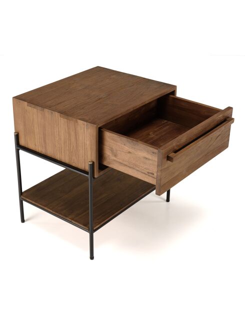 Table de chevet bois de teck recyclé Sixtine marron/noir - 58.5 x45x60 cm