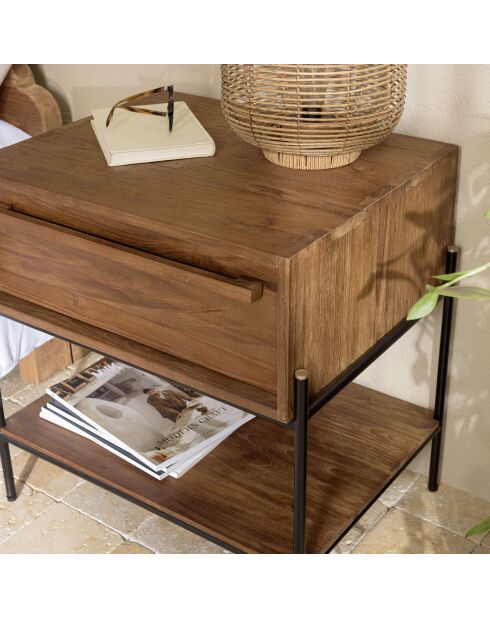 Table de chevet bois de teck recyclé Sixtine marron/noir - 58.5 x45x60 cm