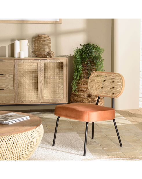 Chaise velours dossier rotin Albane orange - 50x57x72 cm